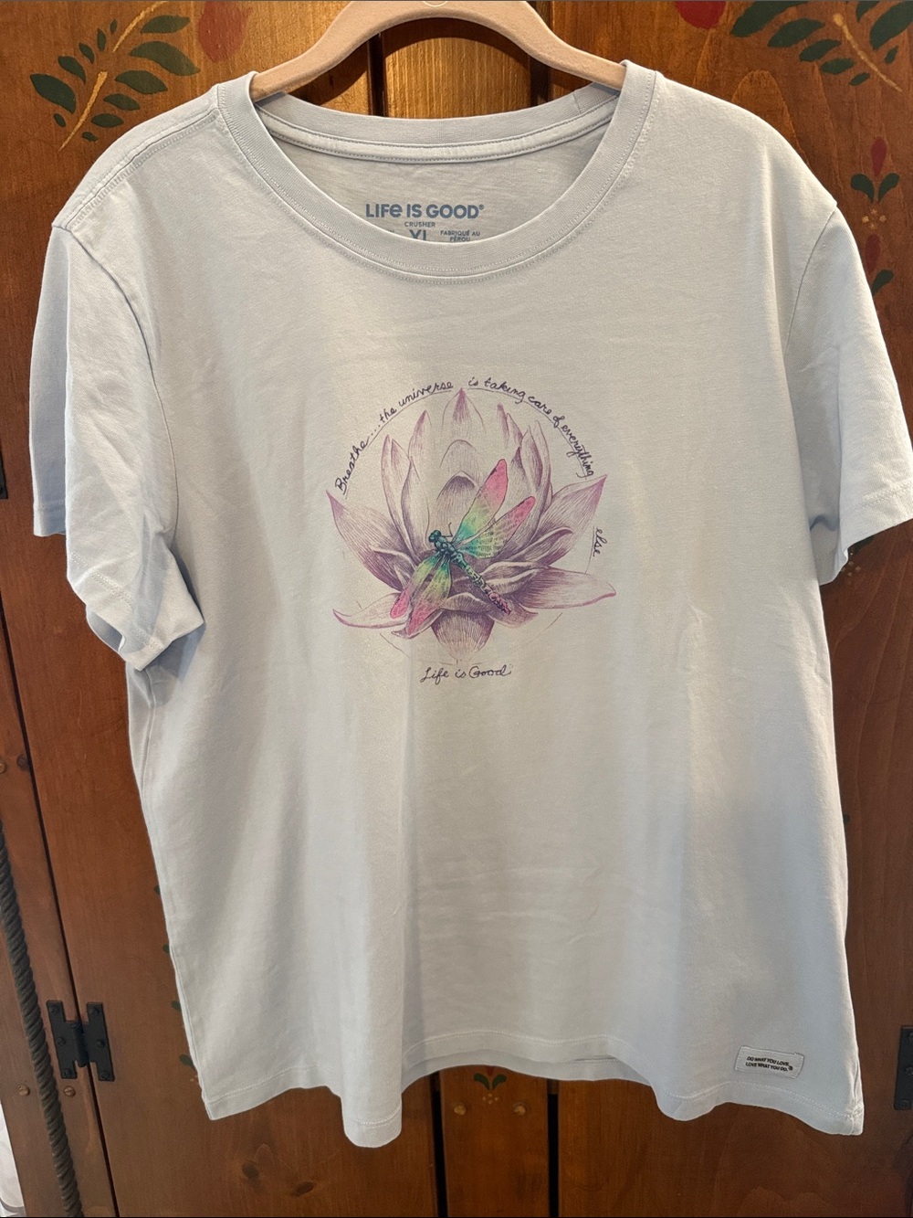 Life Is Good Pale Blue Dragonfly & Lotus Graphic Tee xl nwot sku3